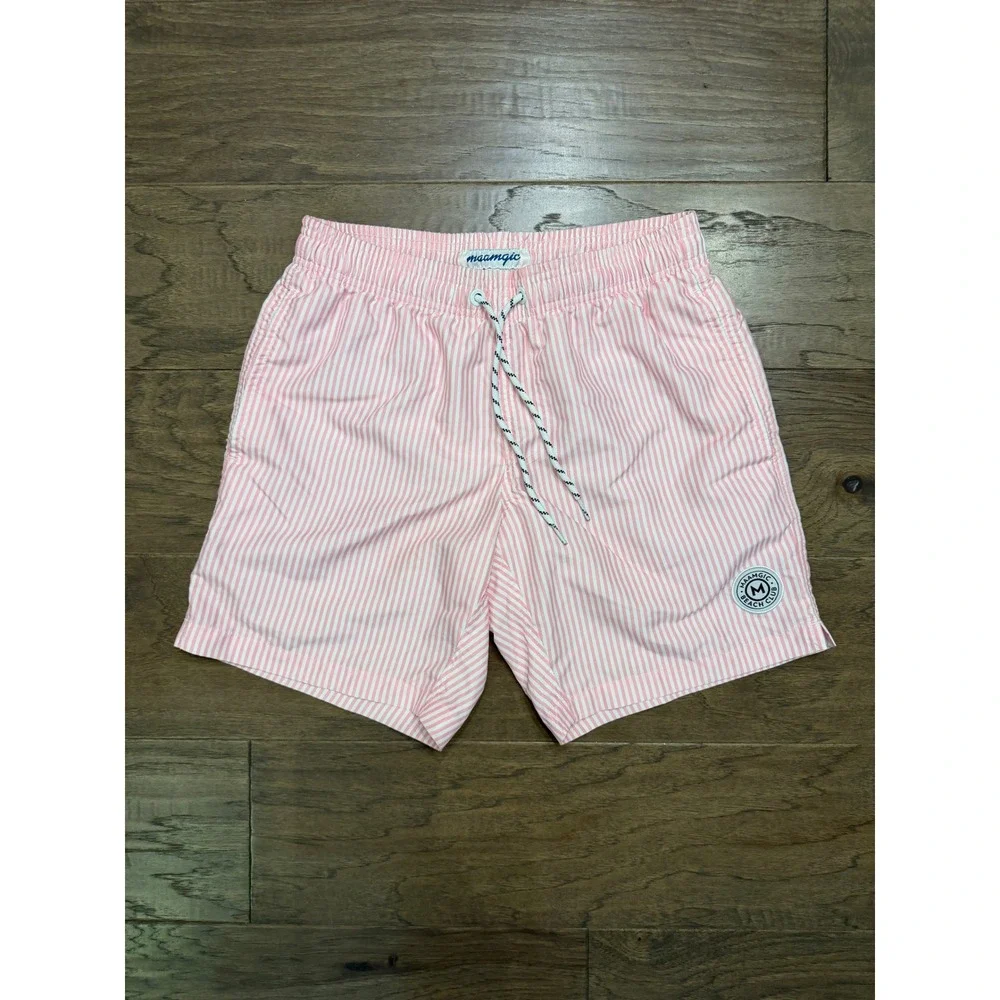 Maamgic Swim Trunks Mens XS Pink White Striped Beach Mesh Lined Summer